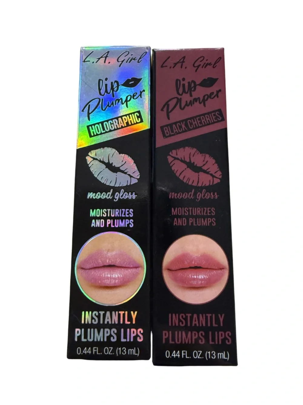 Set of 2 LA Girl Lip Plumper Mood Gloss - Holographic & Black Cherries